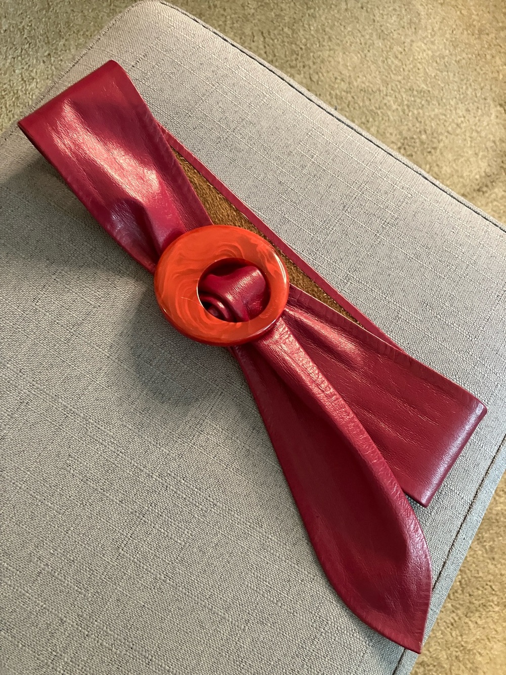 Wide Red Leather Waist Belt with Orange Circular Buckle